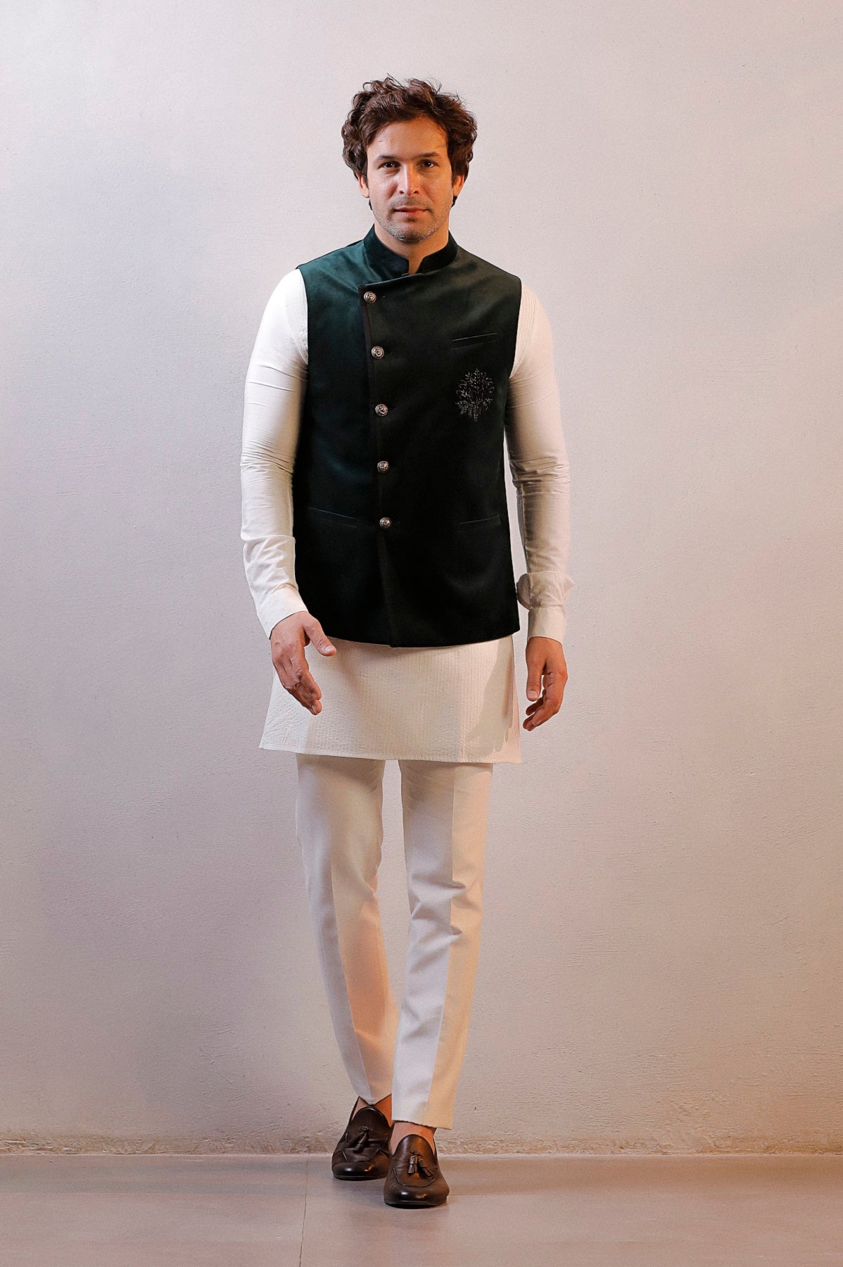 GREEN VELVET JACKET IVORY KURTA SET