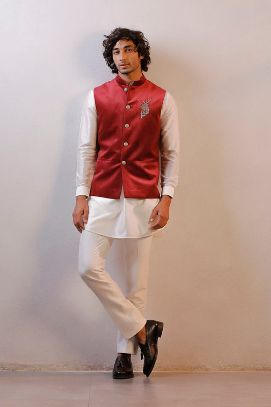 MAROON VELVET JACKET IVORY KURTA SET