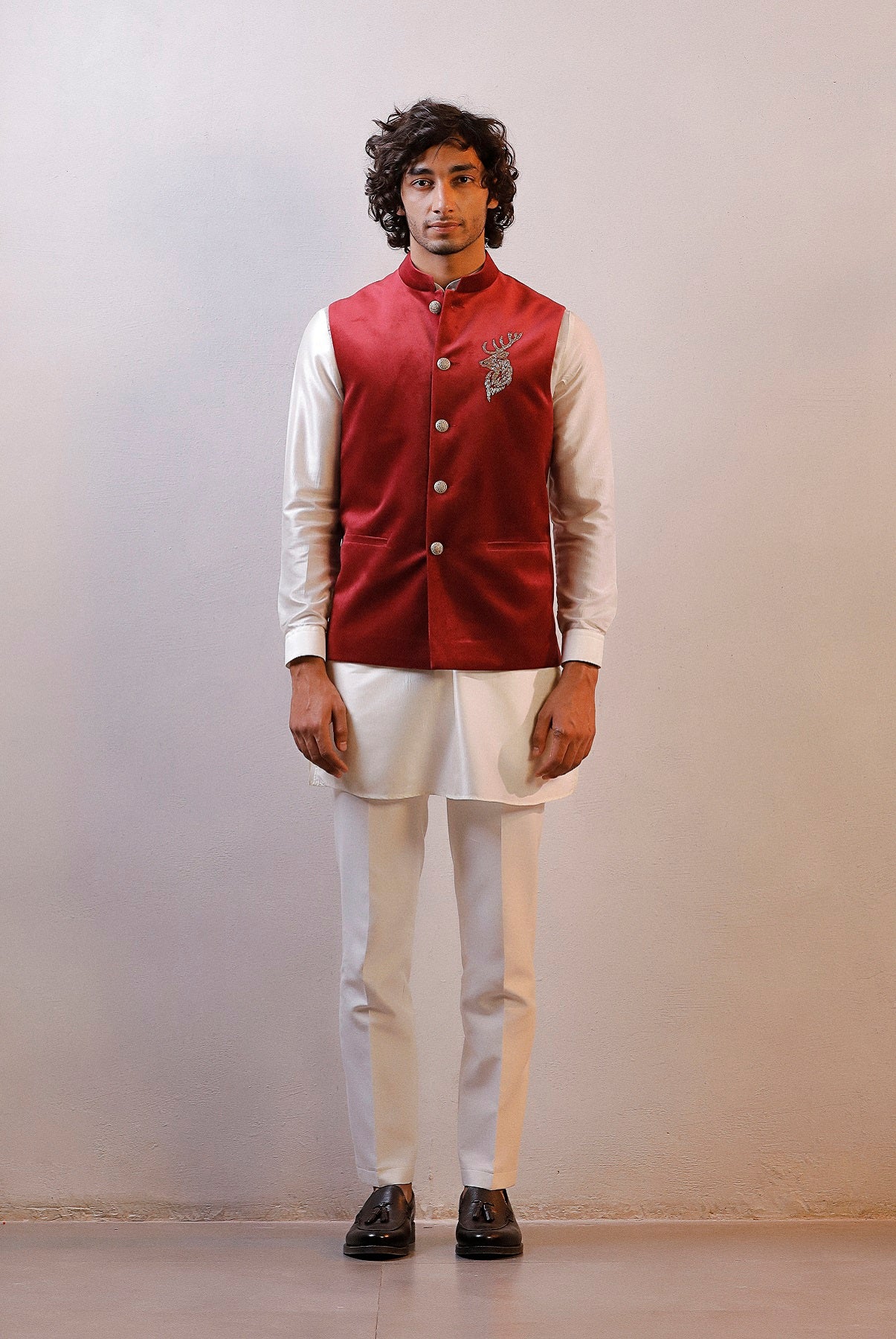 MAROON VELVET JACKET IVORY KURTA SET