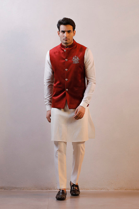 MAROON VELVET JACKET IVORY KURTA SET