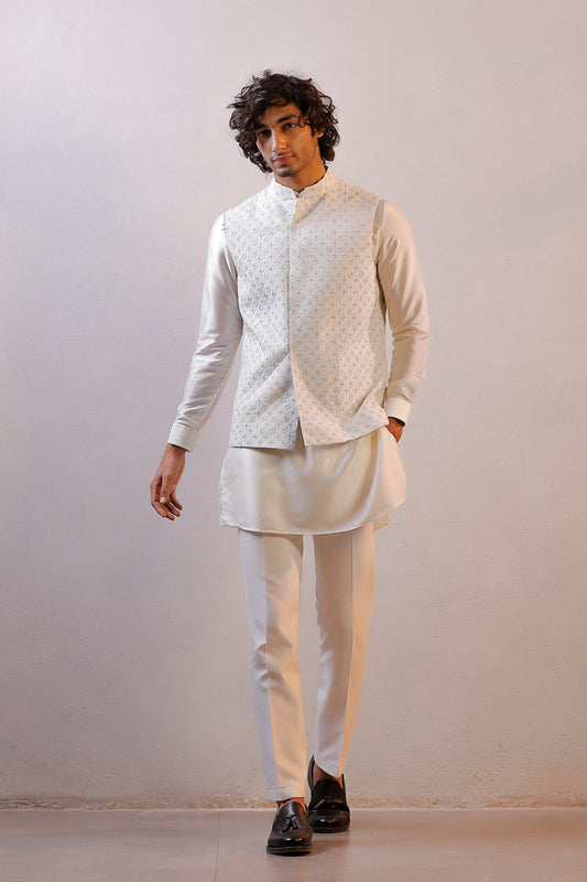 WHITE HAND EMBORIDERED NEHRU JACKET KURTA SET