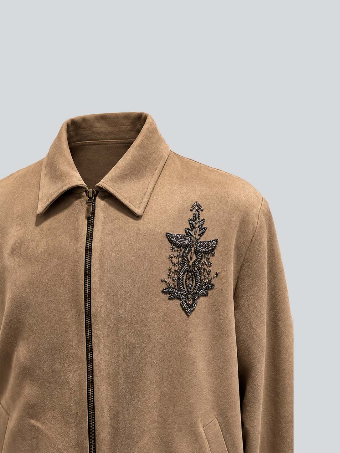 BEIGE SUEDE EMBROIDERED ZIP JACKET