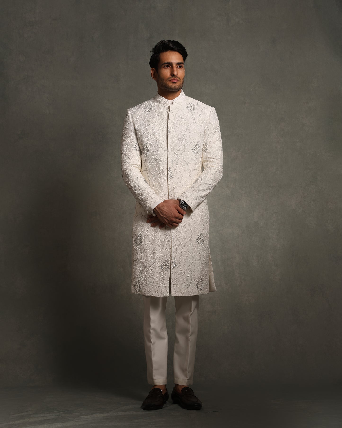 IVORY THREAD WITH GLASS CUT EMBROIDERY SHERWANI