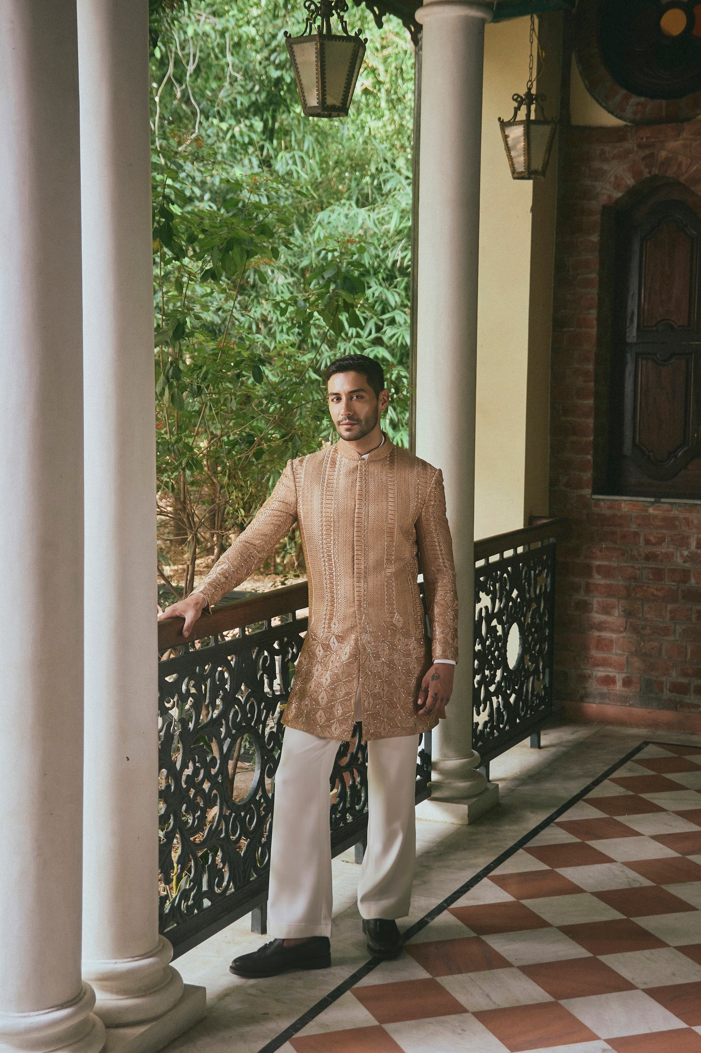 GOLDEN GEORGETTE GLASS EMBROIDERY INDOWESTERN SET