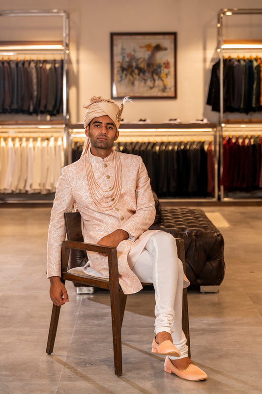 PEACH THREAD EMBROIDERY SHERWANI SET
