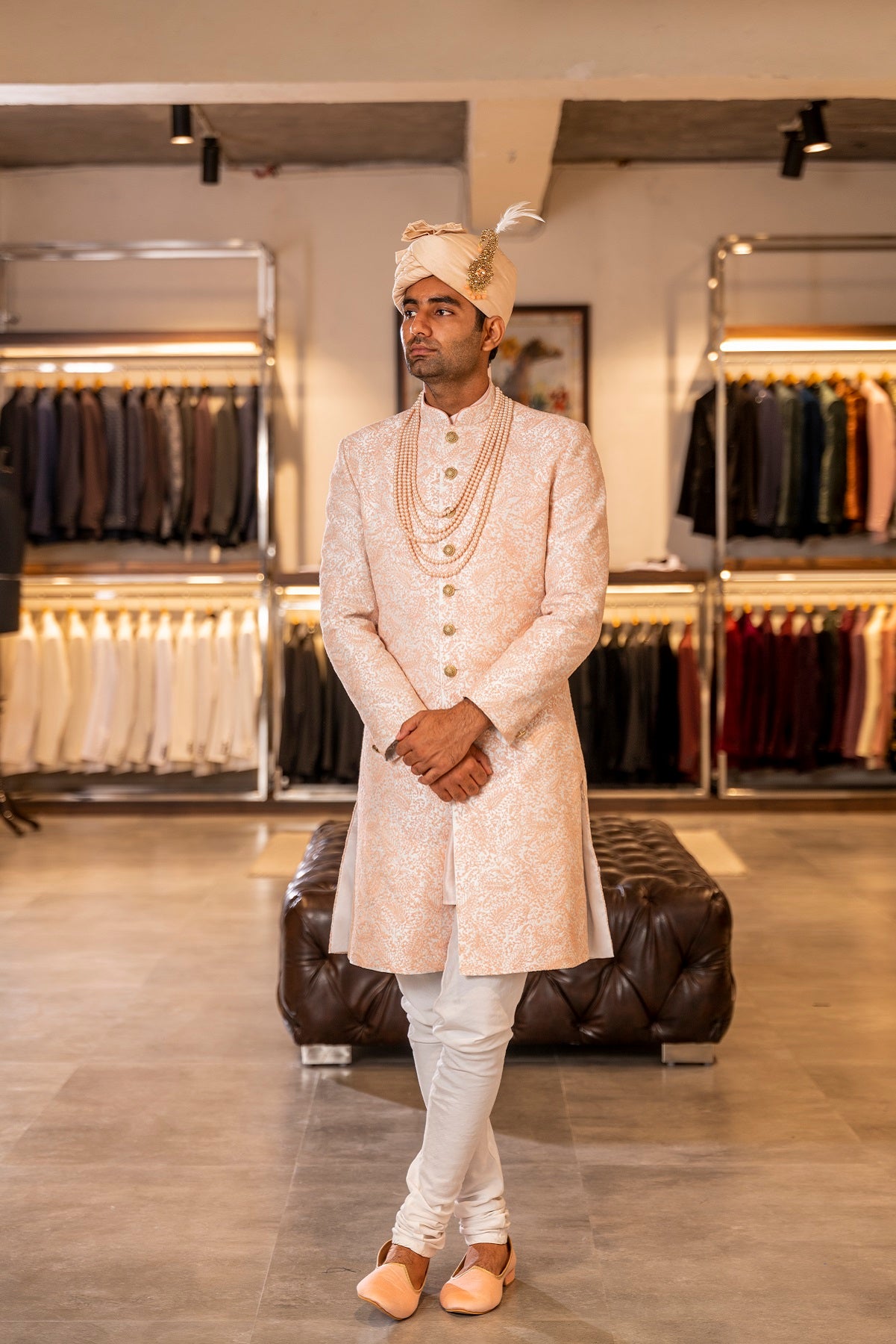 PEACH THREAD EMBROIDERY SHERWANI SET