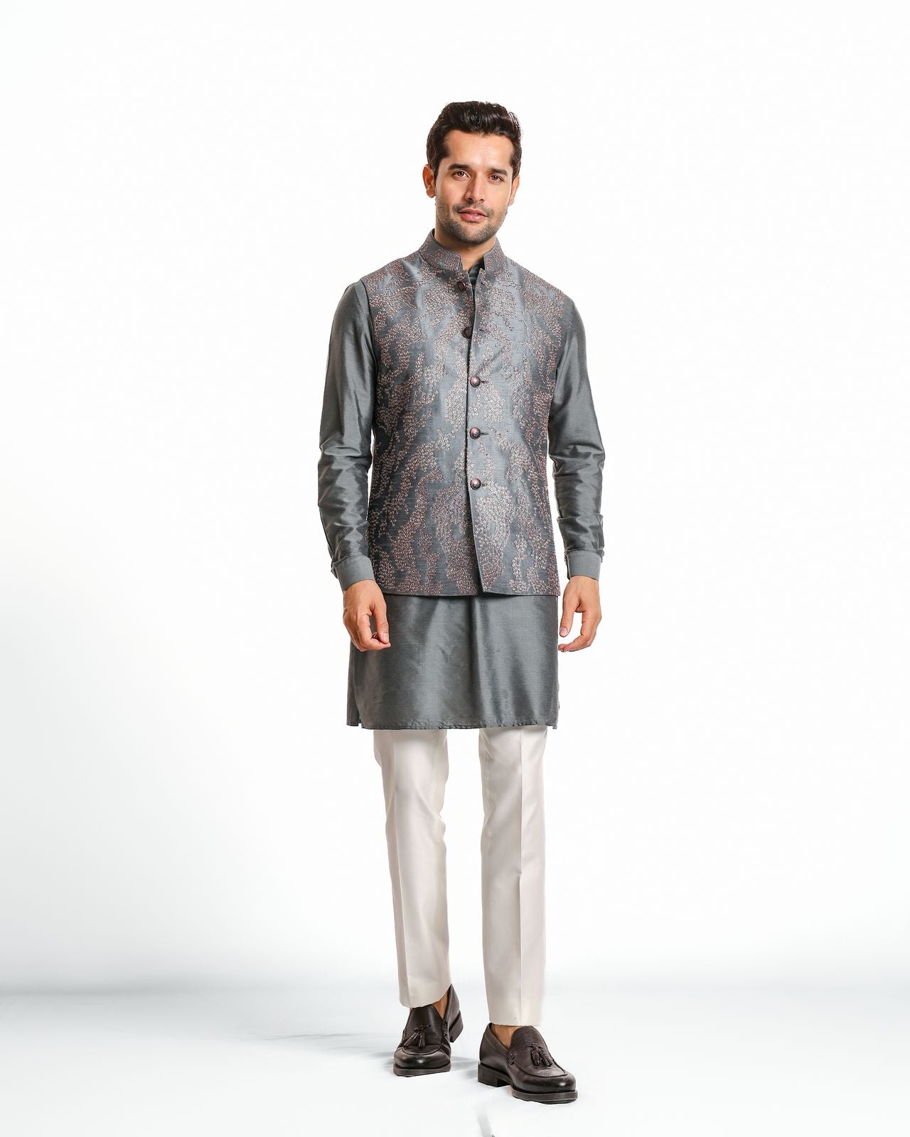 STEEL GREY SILVER ZARI NEHRU JACKET KURTA SET