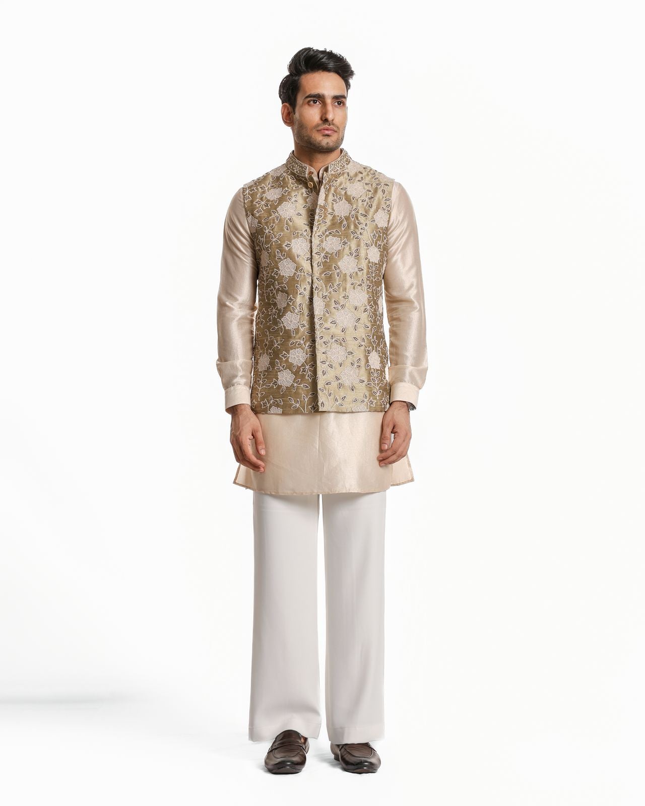 BEIGE, WHITE FLORAL GLASS CUT NEHRU JACKET KURTA SET