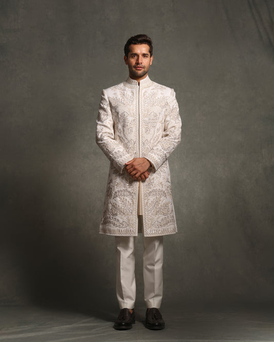 BEIGE CHIKANKARI WITH BREAD EMBROIDERY SHERWANI