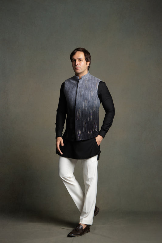 BLACK OMBRE GLASS CUT EMBROIDERY NEHRU JACKET