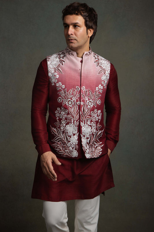WINE RED OMBRE SILK EMBROIDERY NEHRU JACKET SET