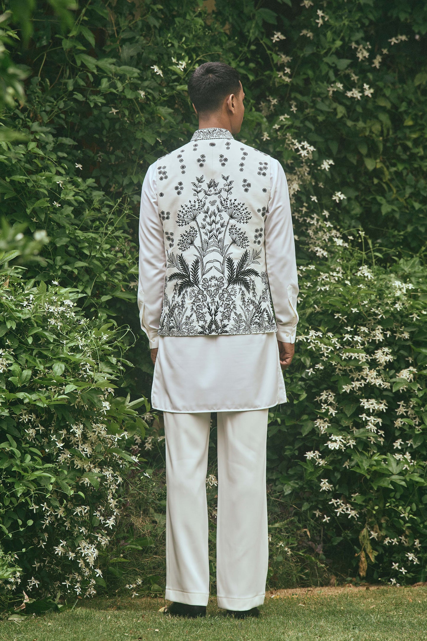 WHITE BLACK EMBROIDERY NEHRU JACKET SET
