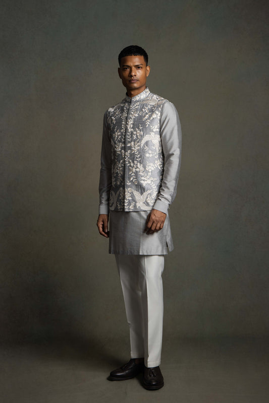 SILVER SILK THREAD EMBROIDERY NEHRU JACKET SET