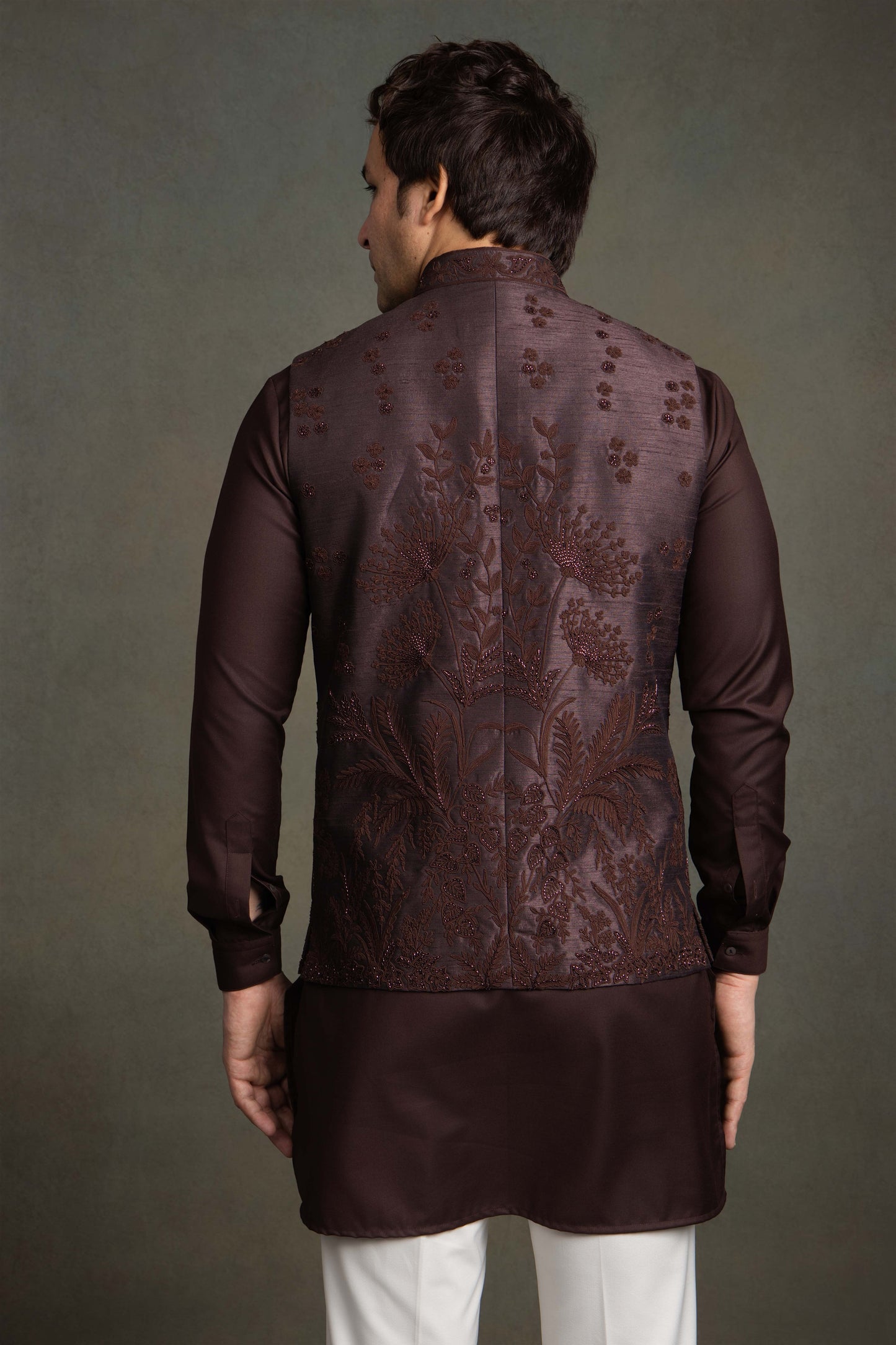 WINE DORI WITH GLASS EMBROIDERY NEHRU JACKET SET