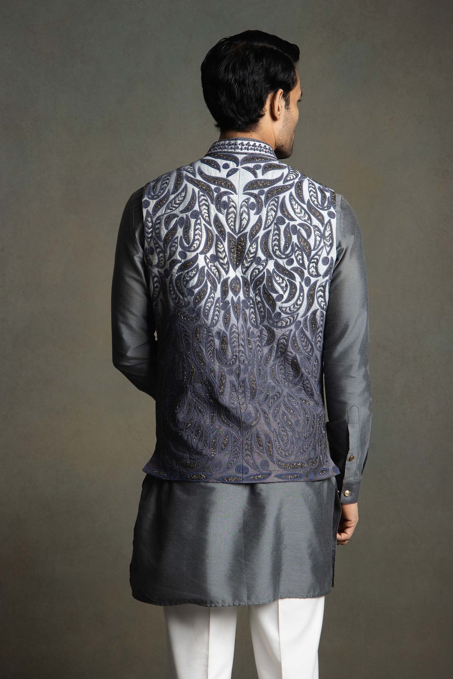 GREY OMBRE GLASS EMBROIDERY NEHRU JACKET SET