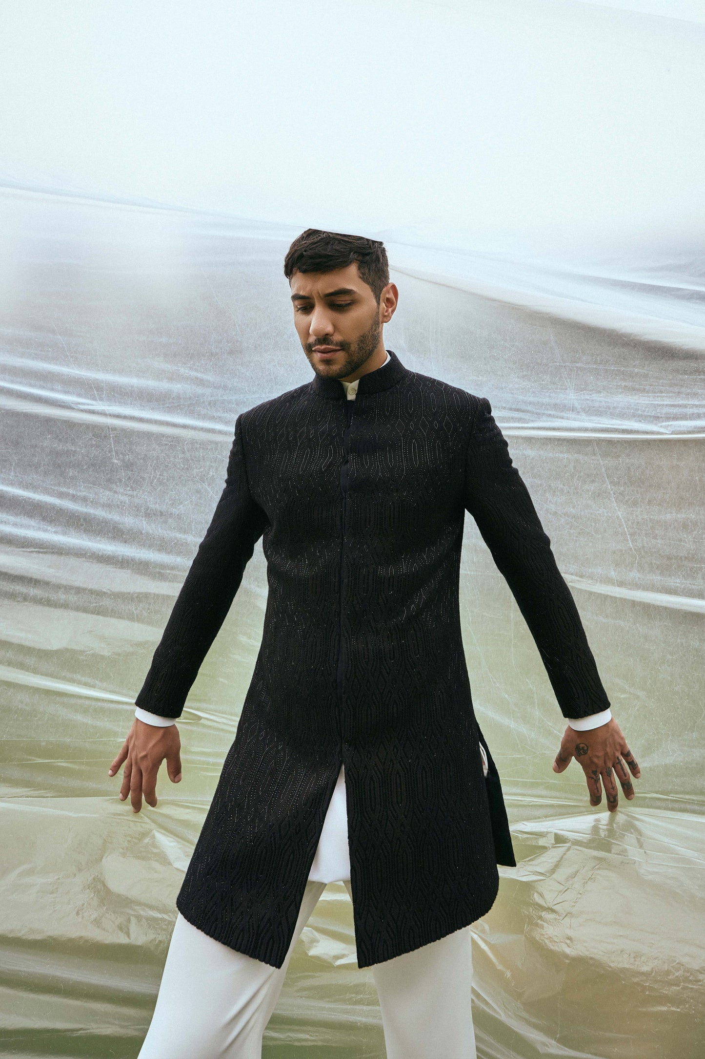 BLACK THREAD EMBROIDERY WITH GLASS INDOWESTERN