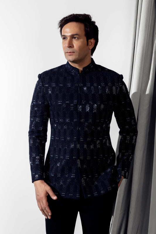 NAVY BLUE JAQUARD EMBROIDERY BAND GALA SET