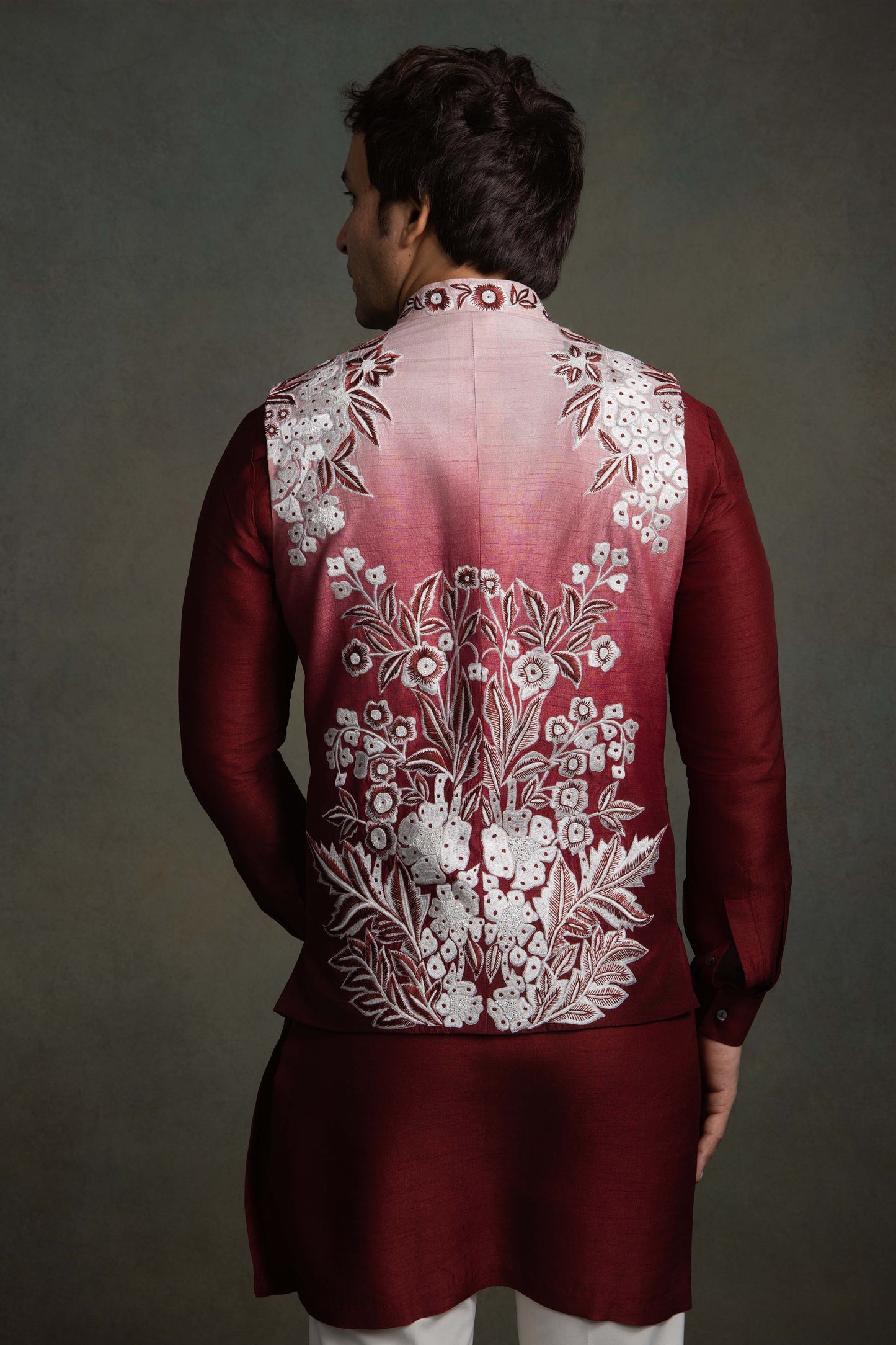WINE RED OMBRE SILK EMBROIDERY NEHRU JACKET SET