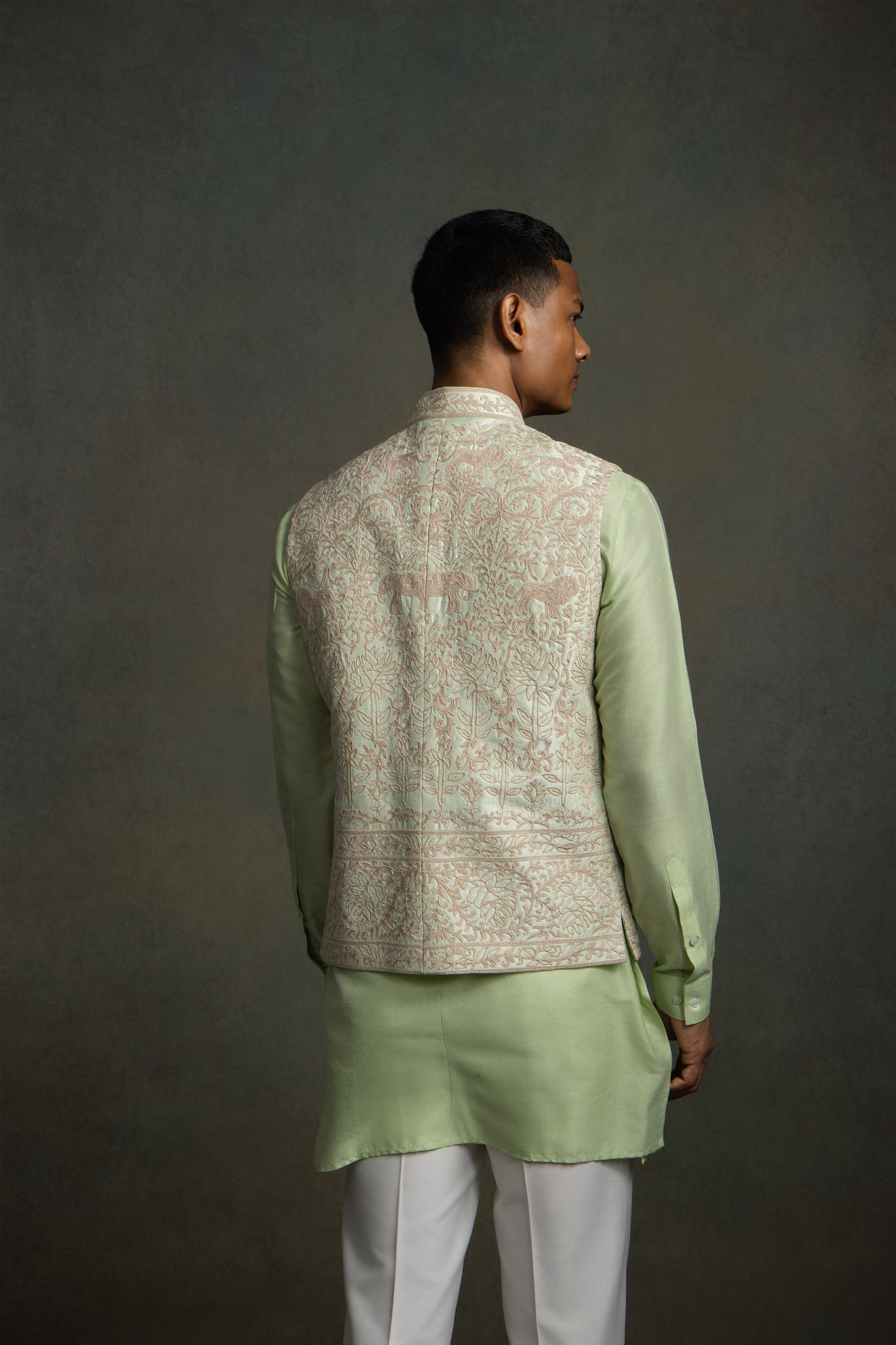 PISTA GREEN GOLDEN EMBROIDERY NEHRU JACKET SET