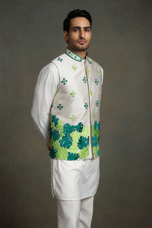 IVORY GREEN SILK THREAD EMBROIDERY NEHRU JACKET SET