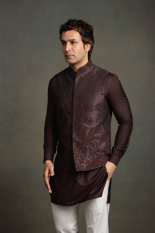 WINE DORI WITH GLASS EMBROIDERY NEHRU JACKET SET