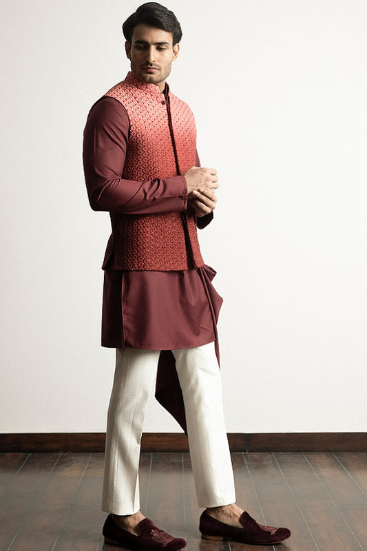 Maroon ombre machine + hand embroidered nehru jacket
