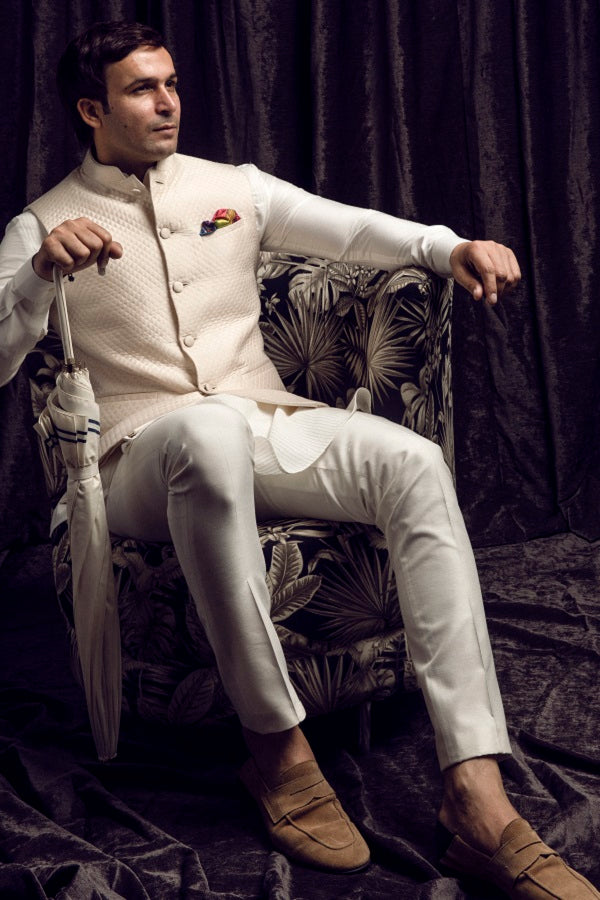 Ivory quilted nehru jacket