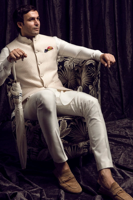 Ivory quilted nehru jacket