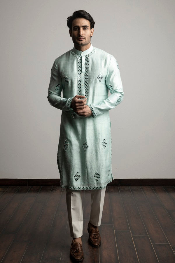 Sea green raw silk mirror work kurta set