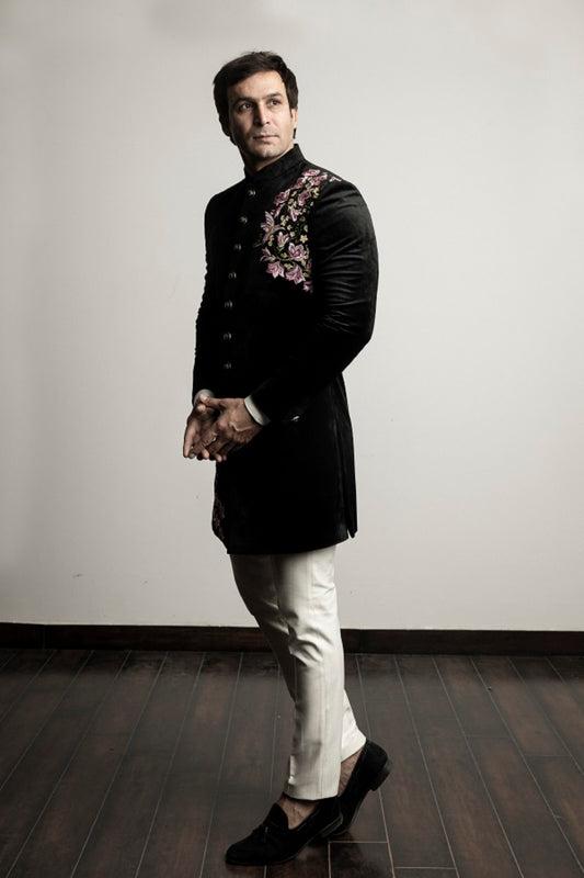 Black velvet floral embroidered indo western