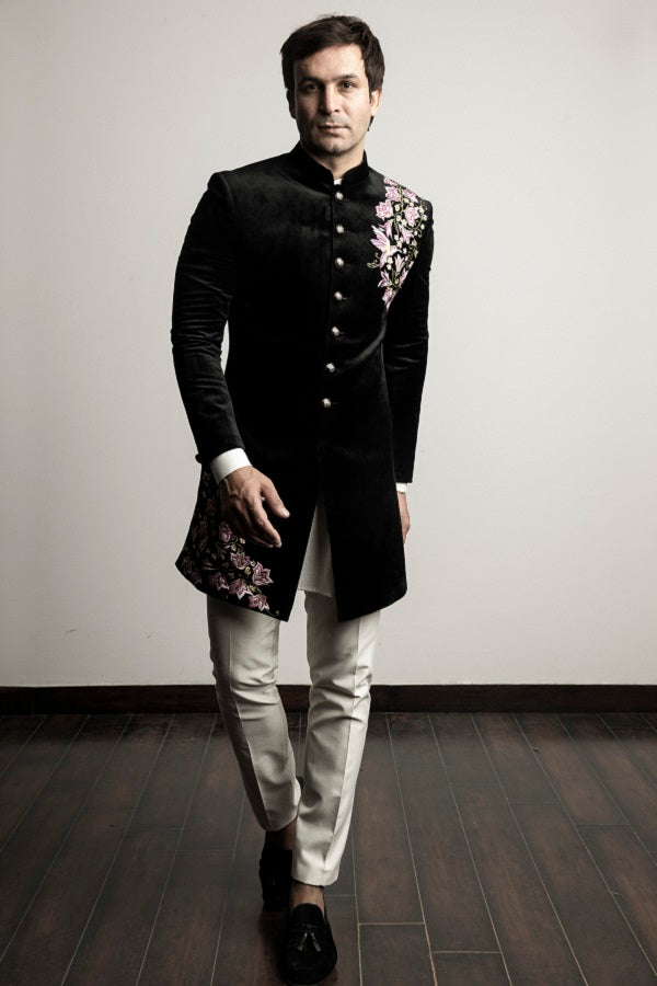 Black velvet floral embroidered indo western