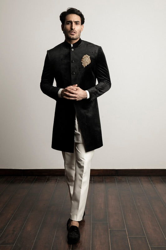 Black velvet indo western with hand embroidered motif