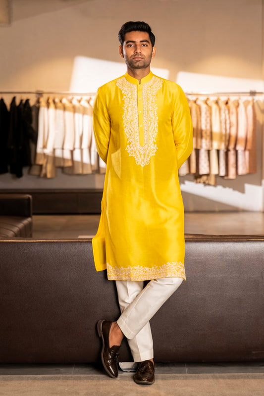 YELLOW SILK EMBROIDERY KURTA SET