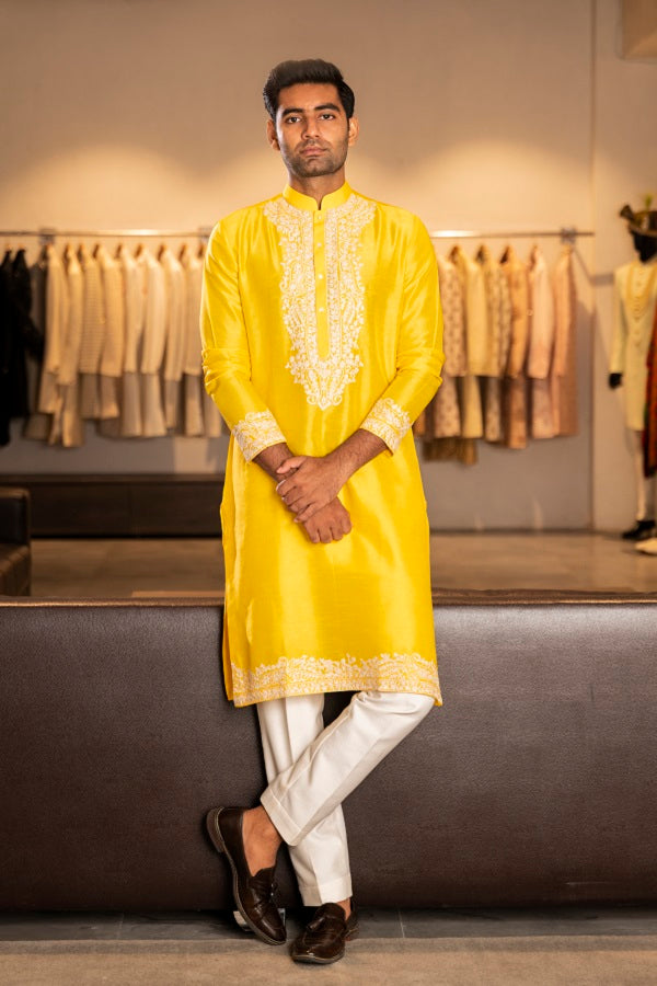 YELLOW SILK EMBROIDERY KURTA SET