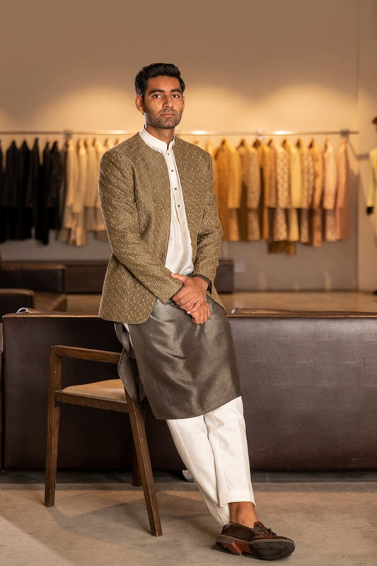 Olive Green Open Jacket with Ombre Kurta Set