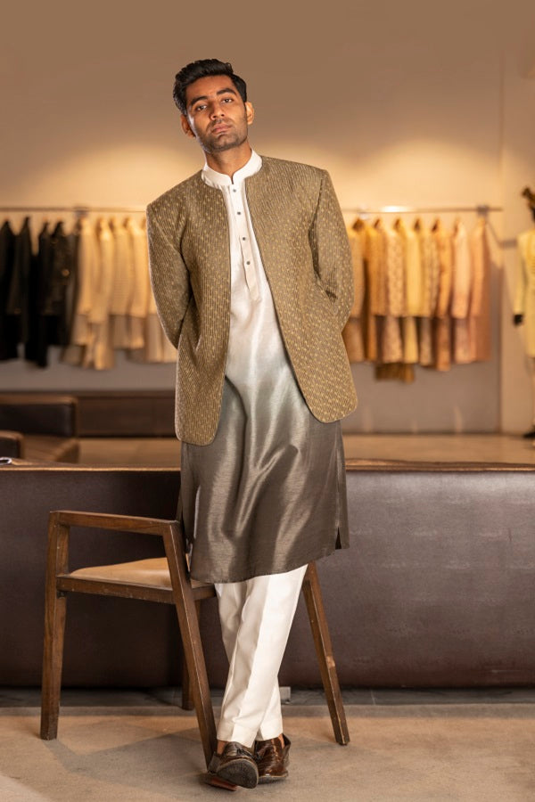Olive Green Open Jacket with Ombre Kurta Set