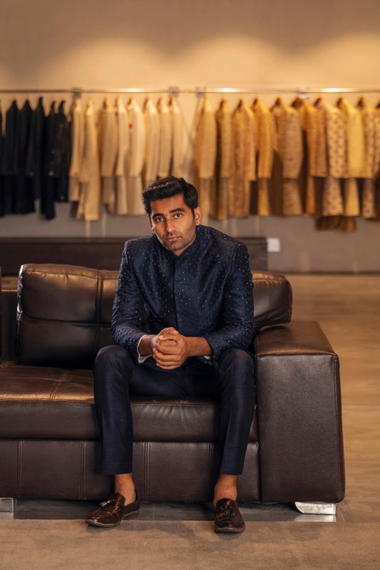 Blue Indo Western With Embroidery Set