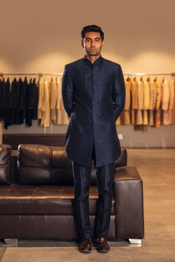 Blue Indo Western With Embroidery Set