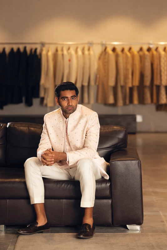 Light pink fully embroided open jacket with kurta set