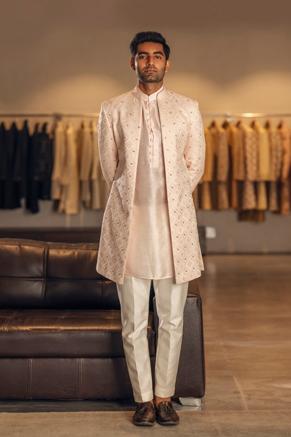 Light pink fully embroided open jacket with kurta set