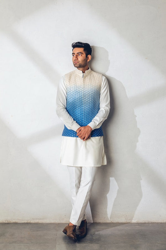 Blue ombre machine + hand embroidered nehru jacket