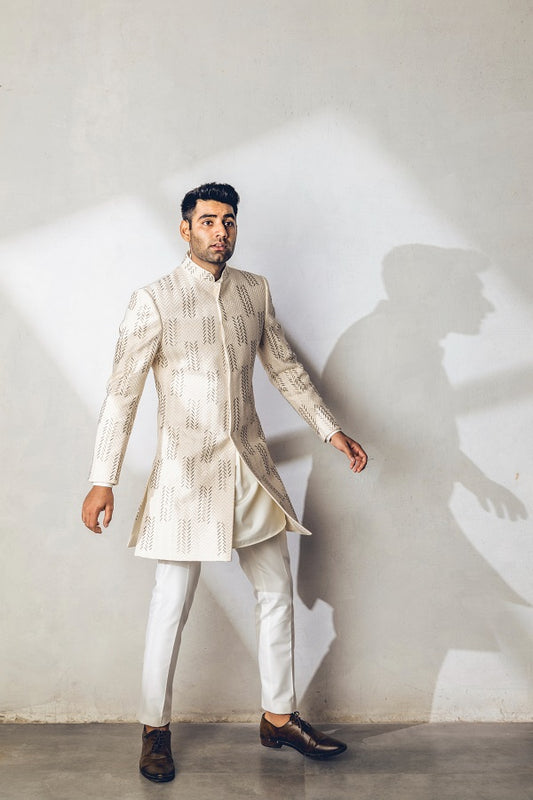 IVORY THREAD WITH GLASS CUT WORK EMBROIDERY INDO WESTERN