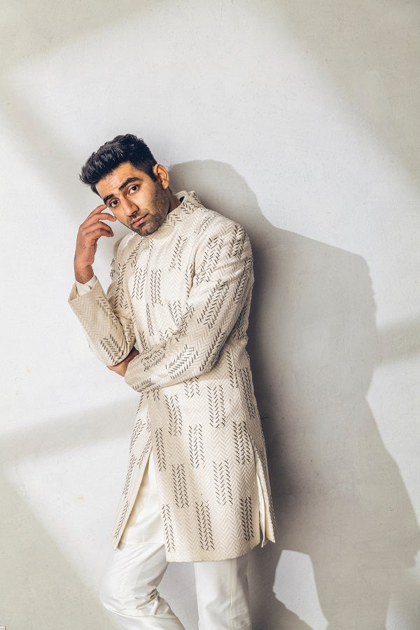 IVORY THREAD WITH GLASS CUT WORK EMBROIDERY INDO WESTERN