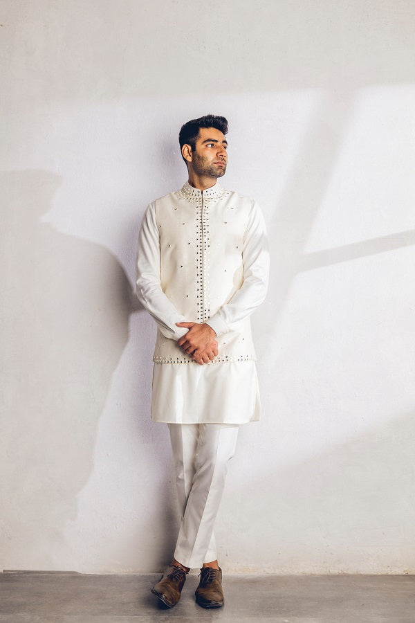 Ivory mirror work nehru jacket