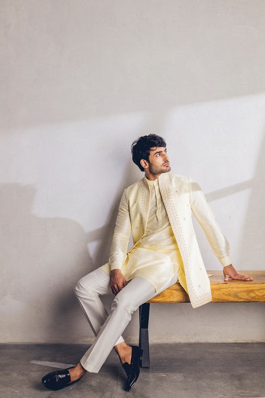 Lime yellow Dori work long Nehru jacket