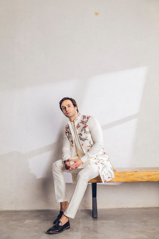 White Multi Coloured Embroidery long Nehru jacket