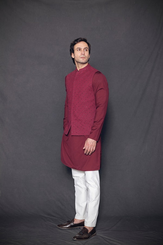 Maroon hand embroidered nehru jacket