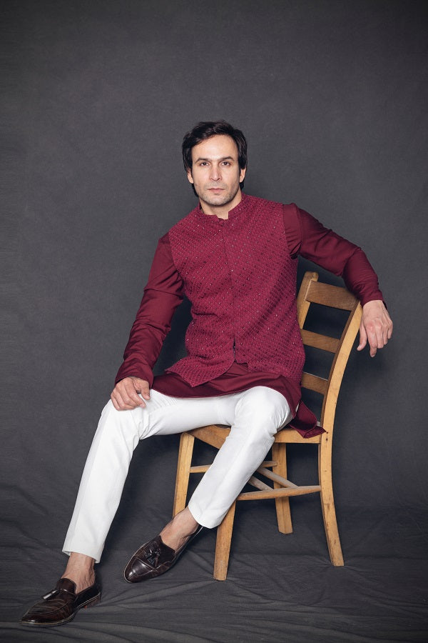 Maroon hand embroidered nehru jacket