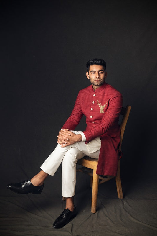 Maroon matka silk indo western with dabka embroidery