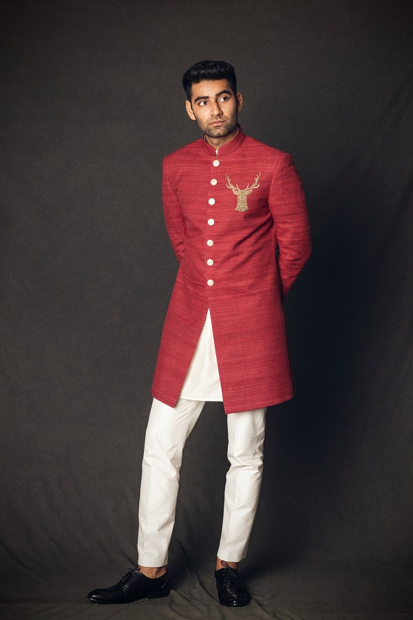 Maroon matka silk indo western with dabka embroidery